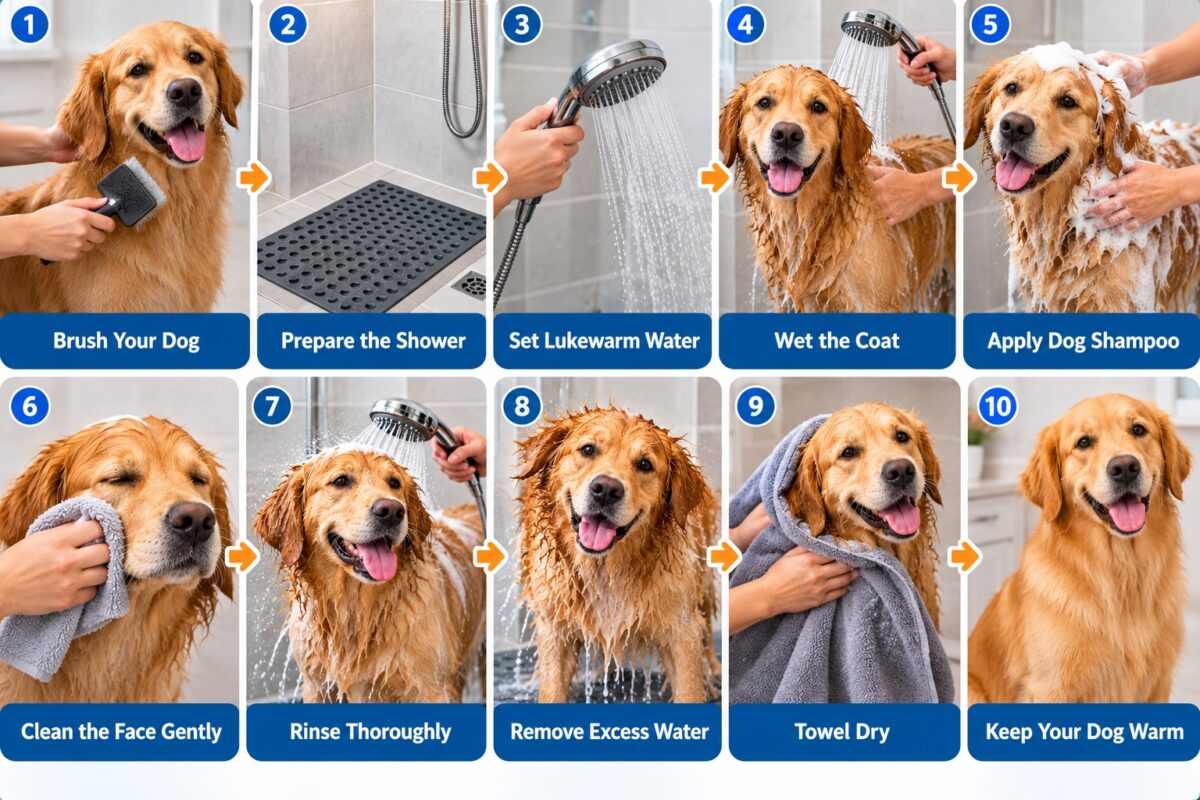 Step-by-step infographic showing how to bathe a Golden Retriever in a shower, from brushing and wetting the coat to shampooing, rinsing, towel drying, and keeping the dog warm.