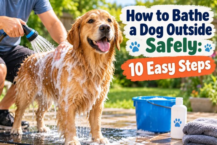 Golden Retriever being bathed outside with a garden hose for a safe outdoor dog bath