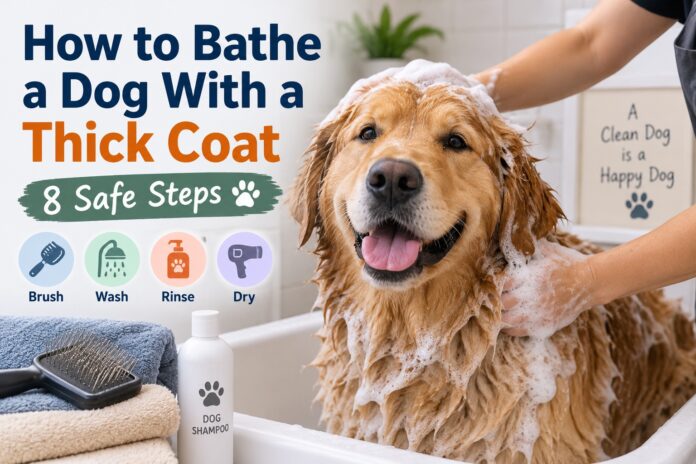 Golden Retriever with a thick coat being bathed with dog shampoo in a bathtub, illustrating 8 safe dog bathing steps.