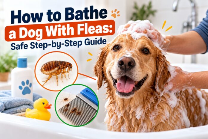 Dog being bathed with flea shampoo and flea comb for safe flea removal.