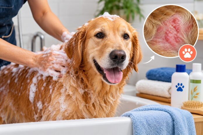 Golden Retriever being gently bathed with shampoo for sensitive, allergy-prone skin