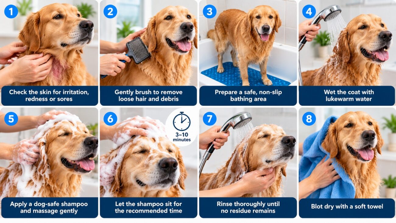 Step-by-step infographic showing how to bathe a dog with skin allergies, from checking irritated skin and brushing to shampooing, rinsing, and towel drying.