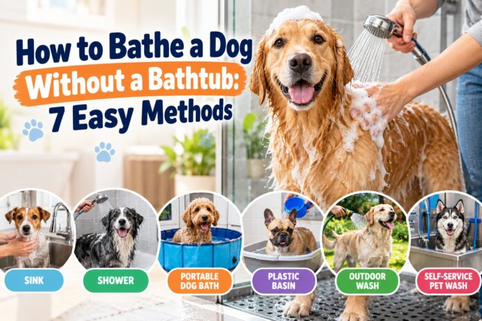 Dog being bathed in a shower with examples of seven easy ways to bathe a dog without a bathtub.
