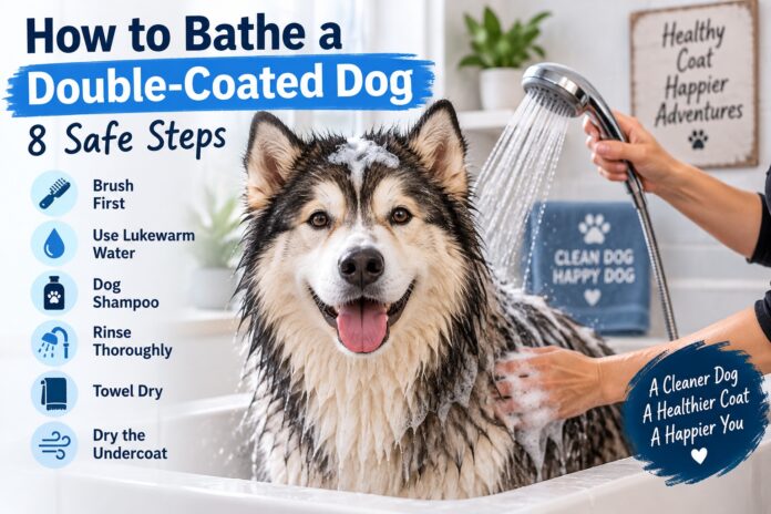 Wet double-coated dog being bathed with a handheld shower in a bright bathroom, with dog bathing safety steps displayed beside it.
