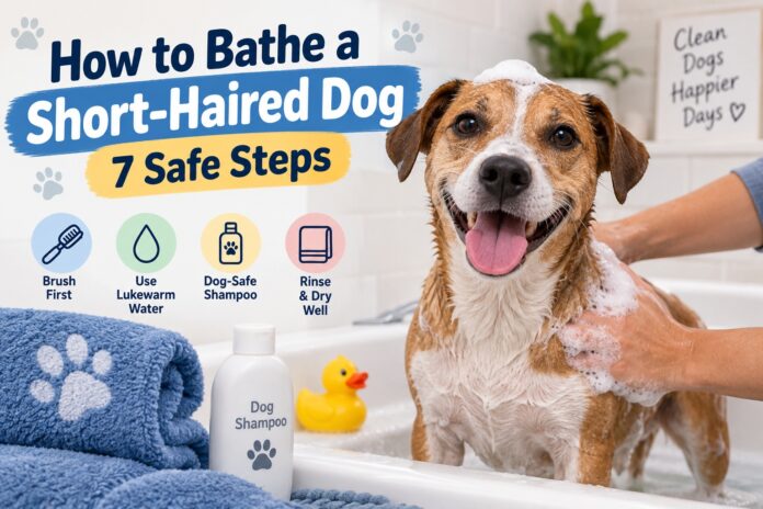 Short-haired dog being bathed with dog-safe shampoo in a tub, with 7 safe bathing steps shown.