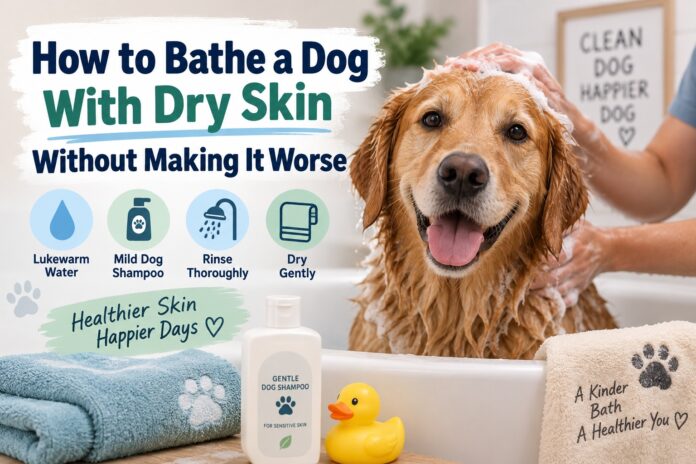 Golden Retriever being gently bathed with mild dog shampoo and lukewarm water to protect dry, sensitive skin.