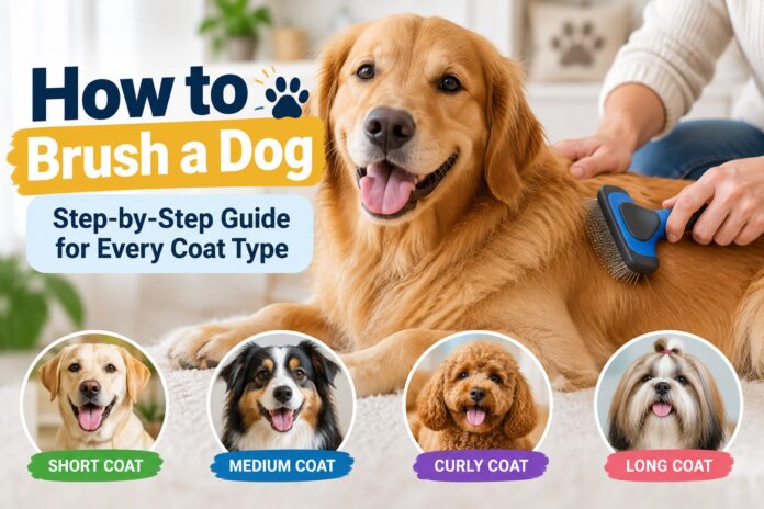 Golden Retriever being gently brushed at home with examples of short, medium, curly, and long dog coat types.