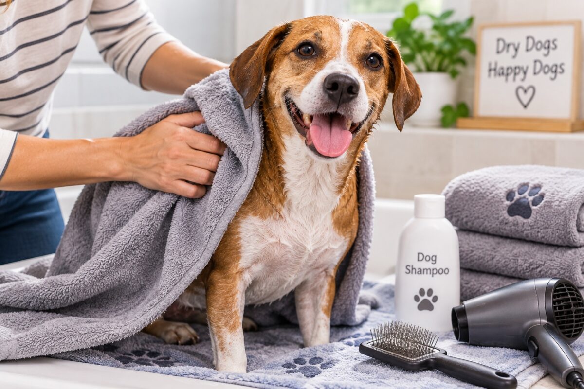 Short-haired dog being gently towel-dried after a bath in a bright bathroom.