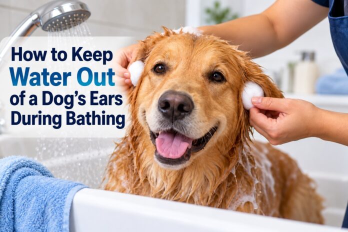 Golden Retriever in a bathtub with cotton balls protecting its ears from water during bathing.