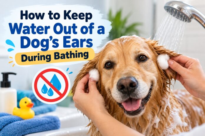 Golden retriever being bathed while cotton balls protect its ears from water.