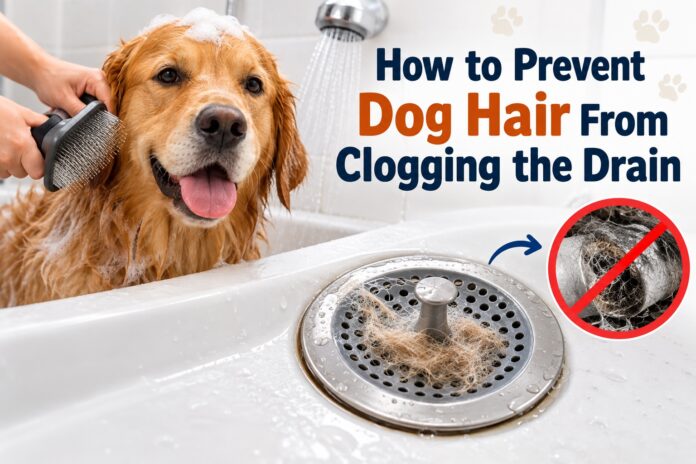 Golden Retriever being brushed in a bathtub beside a drain catcher filled with loose dog hair to help prevent drain clogs.