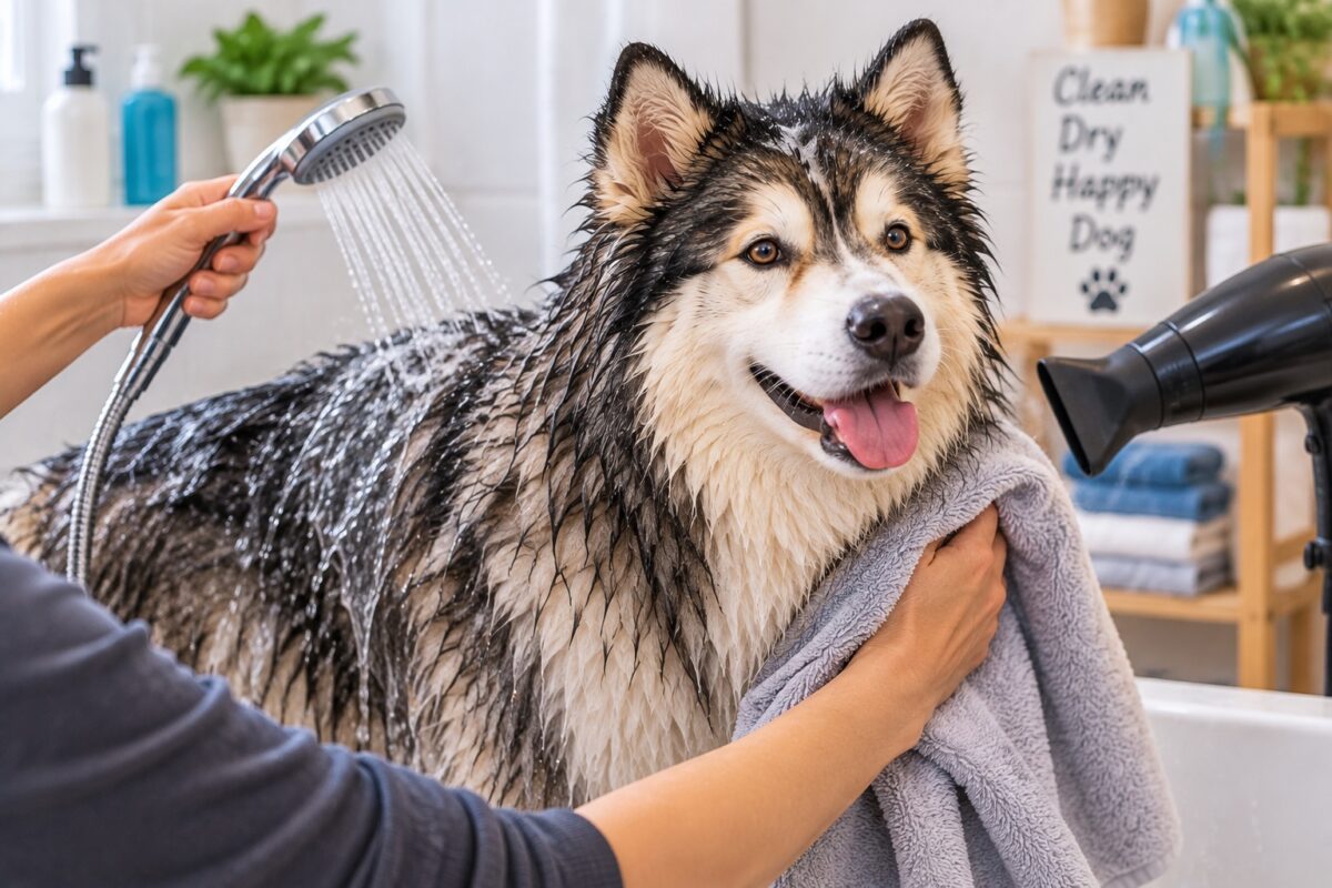 Double-coated dog being rinsed with a handheld shower and dried with a towel and blow dryer after a bath.