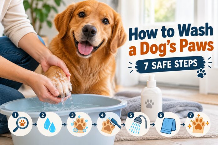 Golden retriever having its paw washed in a basin with a seven-step dog paw cleaning guide.