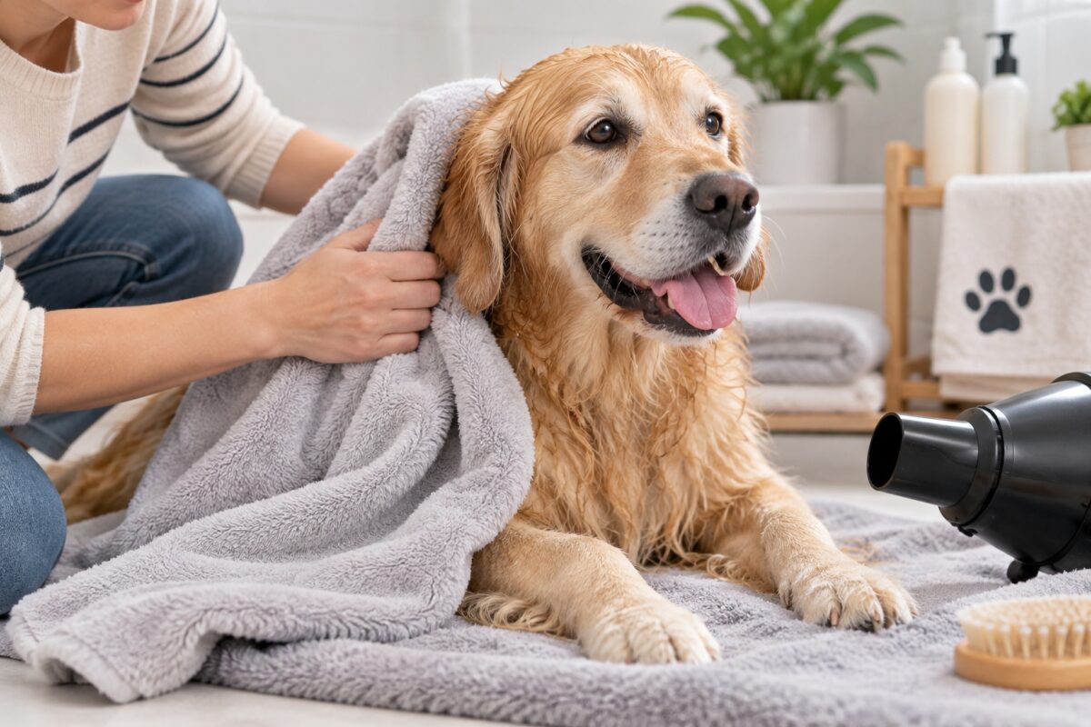 A wet Golden Retriever with sensitive skin being gently dried with a soft towel after a bath.