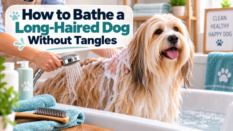 Long-haired dog being bathed in a tub with shampoo and a handheld sprayer to help prevent tangles.