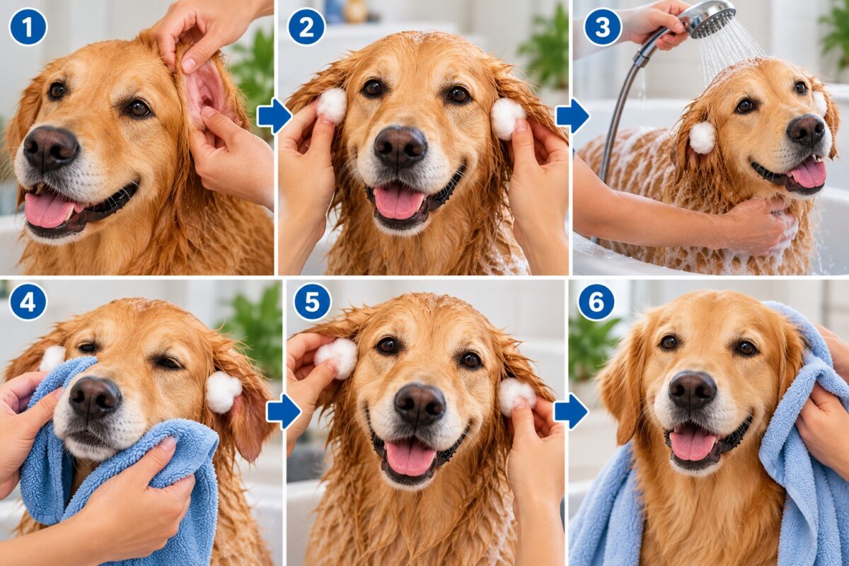 Six-step dog bathing routine showing ear inspection, cotton ball protection, careful rinsing, face drying, cotton removal, and towel drying.