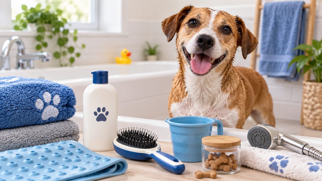 Short-haired dog with towels, dog shampoo, brush, non-slip mat, cup, treats, and shower sprayer ready for bath time.
