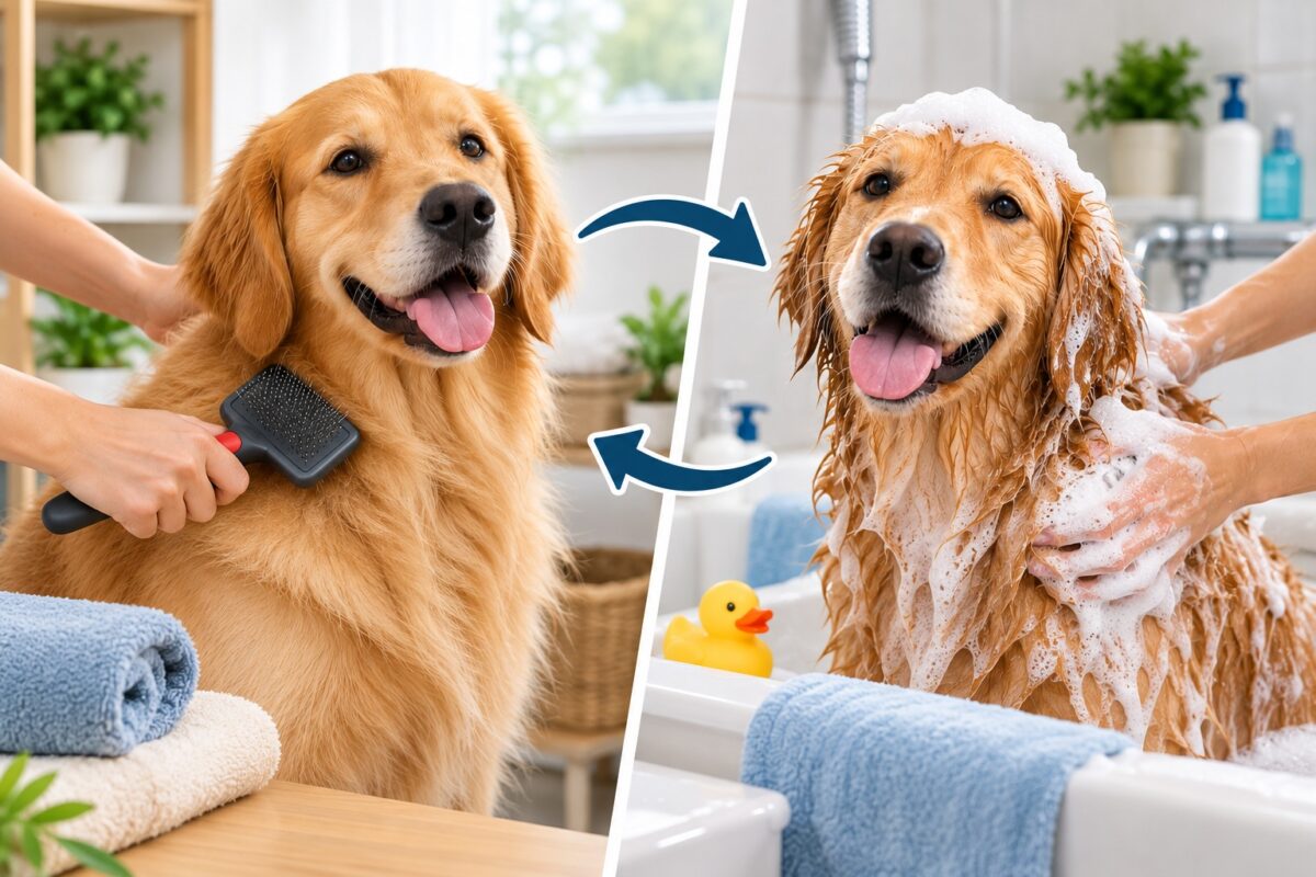 Golden Retriever being brushed before a bath and washed afterward, showing the recommended dog grooming sequence.