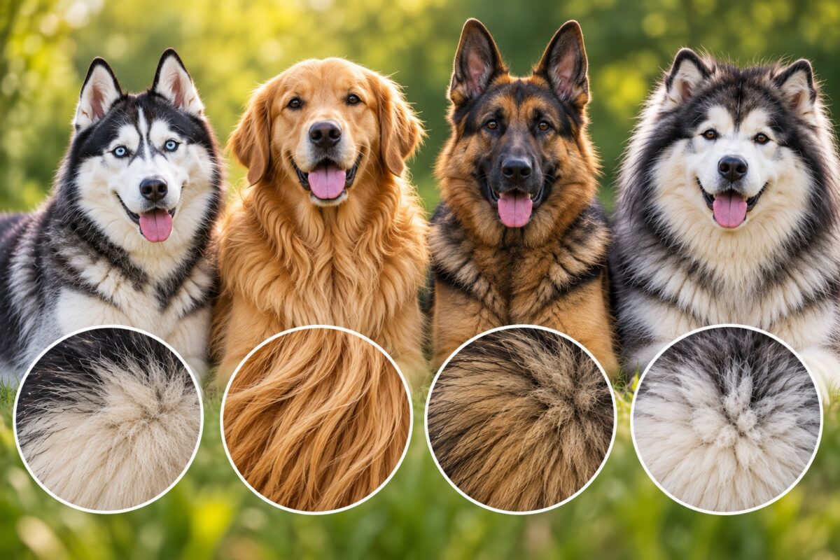 Four thick-coated dogs—a Husky, Golden Retriever, German Shepherd, and Malamute—shown with close-up views of their dense fur textures.