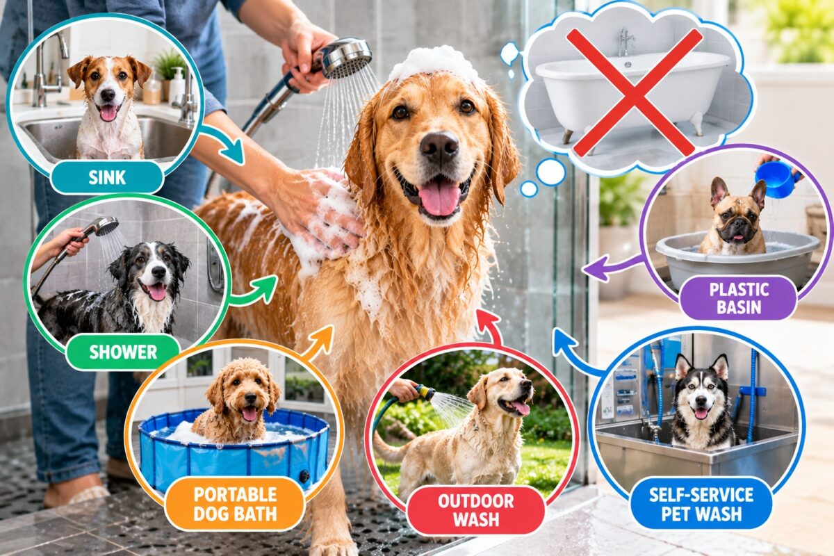 Dog being bathed without a traditional bathtub, showing alternatives including a sink, shower, portable dog bath, plastic basin, outdoor wash, and self-service pet wash.
