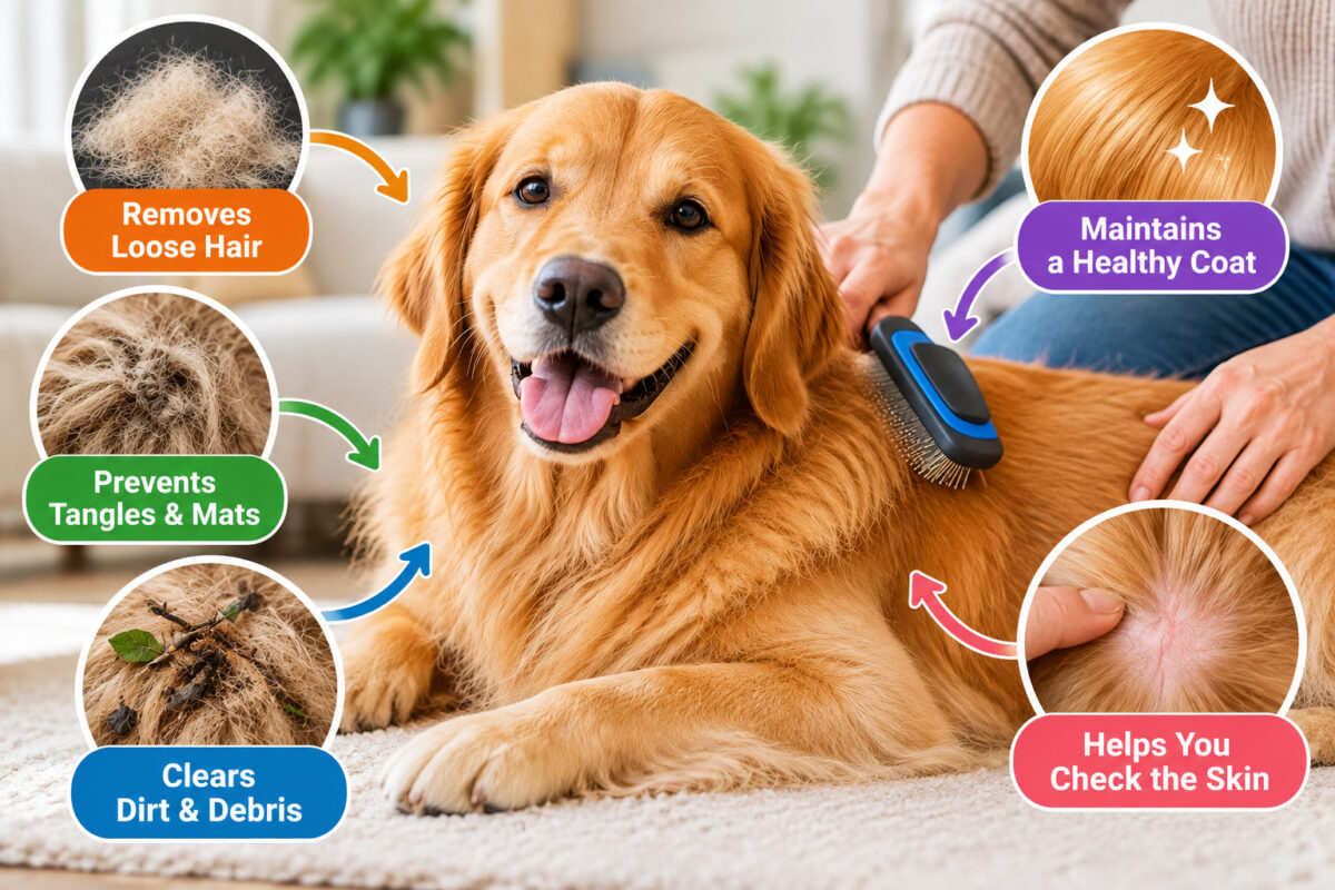 Golden Retriever being brushed at home with callouts showing how brushing removes loose hair, prevents tangles, clears debris, supports a healthy coat, and helps check the skin.