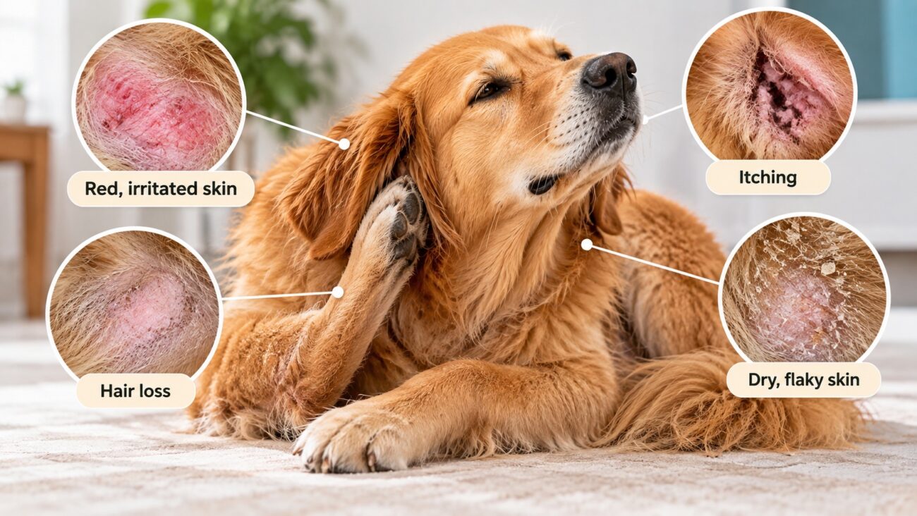 Golden Retriever scratching due to skin allergies, with highlighted signs including red skin, hair loss, itching, and dry flaky skin.