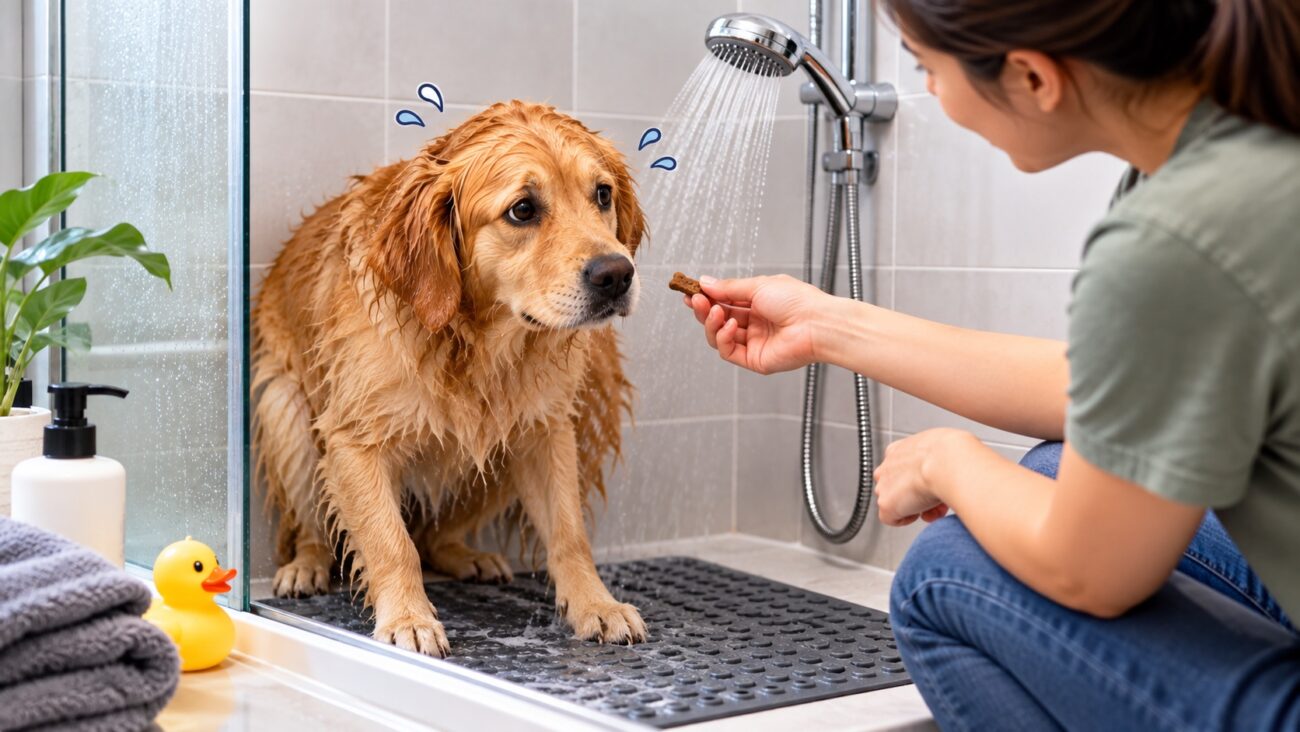 An anxious Golden Retriever standing in a shower while its owner offers a treat to help the dog feel calmer during bath time.