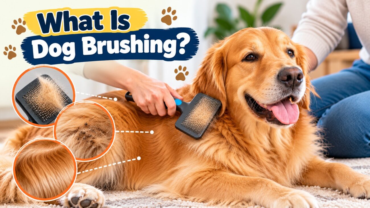 Golden Retriever being brushed with a slicker brush, showing loose fur removal and proper dog brushing for a healthy coat.