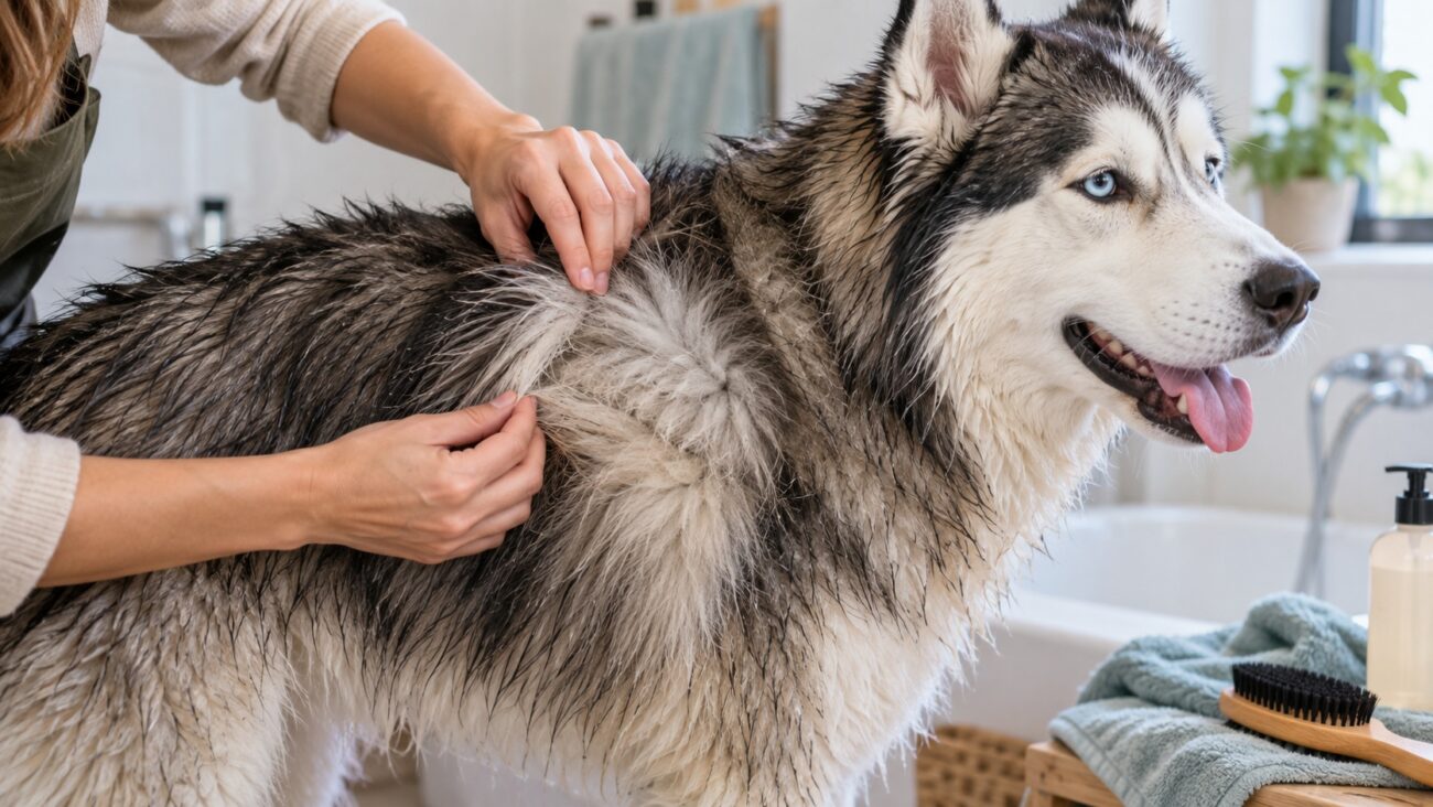 Person separating the wet outer coat of a double-coated Husky to reveal the dense undercoat during bath-time grooming.