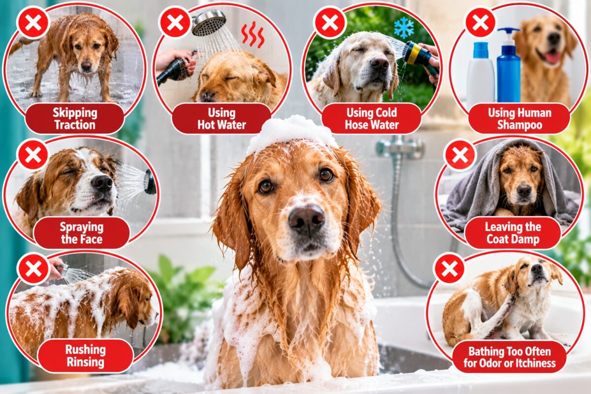 Dog bathing mistakes infographic showing common errors such as slippery footing, hot or cold water, human shampoo, spraying the face, poor rinsing, leaving the coat damp, and overbathing.