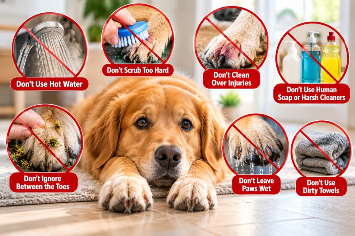Golden retriever with infographic warnings showing mistakes to avoid when cleaning dog paws, including hot water, harsh scrubbing, human soap, wet paws, and dirty towels.