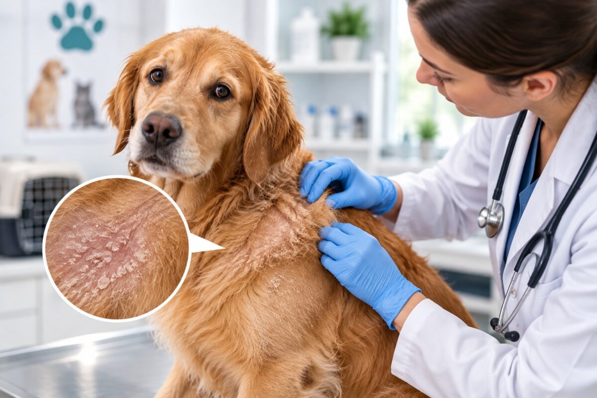 Veterinarian examining a Golden Retriever with dry, flaky, irritated skin.