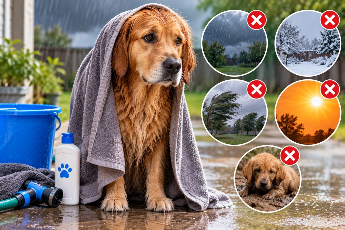 Wet Golden Retriever wrapped in a towel with symbols showing rain, snow, strong wind, extreme heat, and muddy conditions to avoid for outdoor dog bathing.