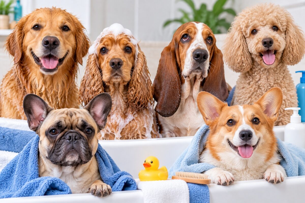 Dogs with different ear shapes, including floppy-eared and long-haired breeds, during bath time with towels and grooming supplies.