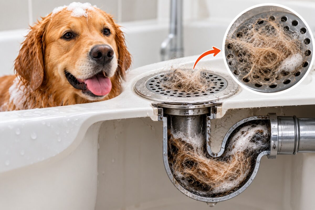 Wet Golden Retriever beside a bathtub drain clogged with loose dog hair, showing how fur and soap buildup can block bathroom plumbing.