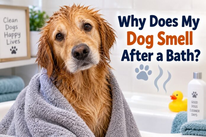 Wet golden retriever wrapped in a towel after a bath, illustrating why dogs may still smell after bathing.