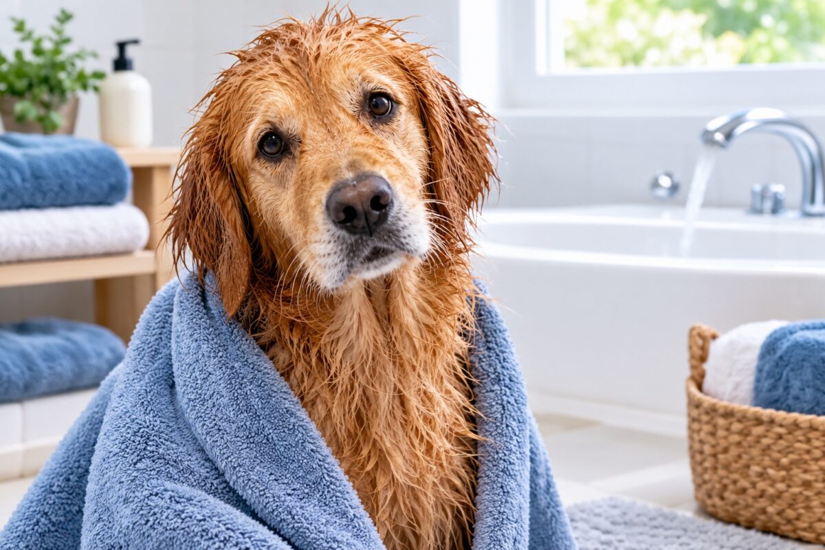 Wet golden retriever wrapped in a blue towel after a bath in a bright bathroom.