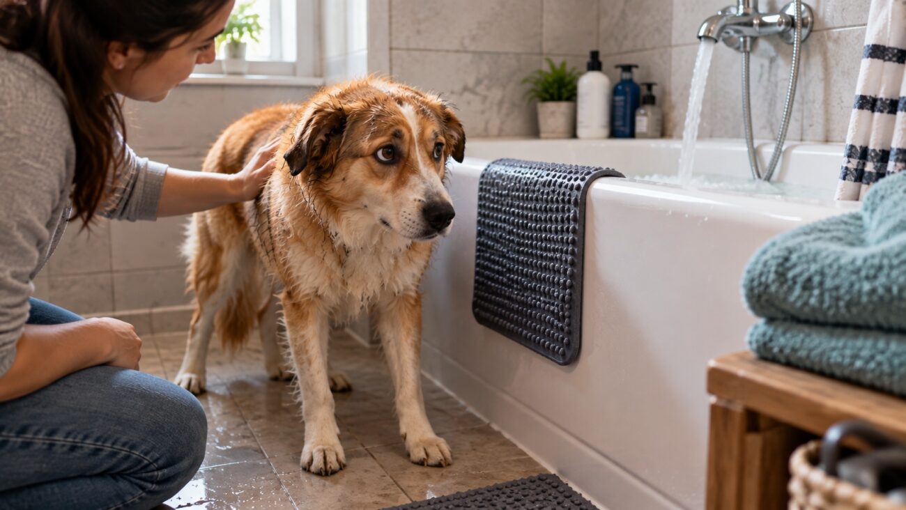 Nervous dog beside bathtub showing common signs and triggers of bath fear.