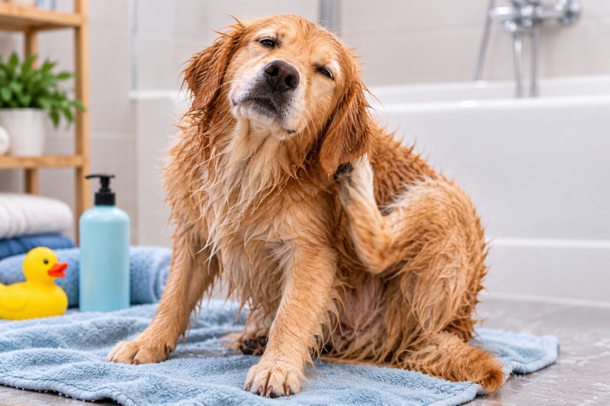 Wet golden retriever scratching its neck after a bath while sitting on a blue towel beside dog shampoo.