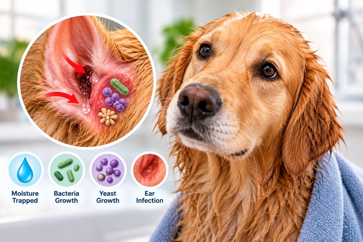 Wet golden retriever after bathing with an ear illustration showing trapped moisture, bacteria, yeast, and possible ear infection.