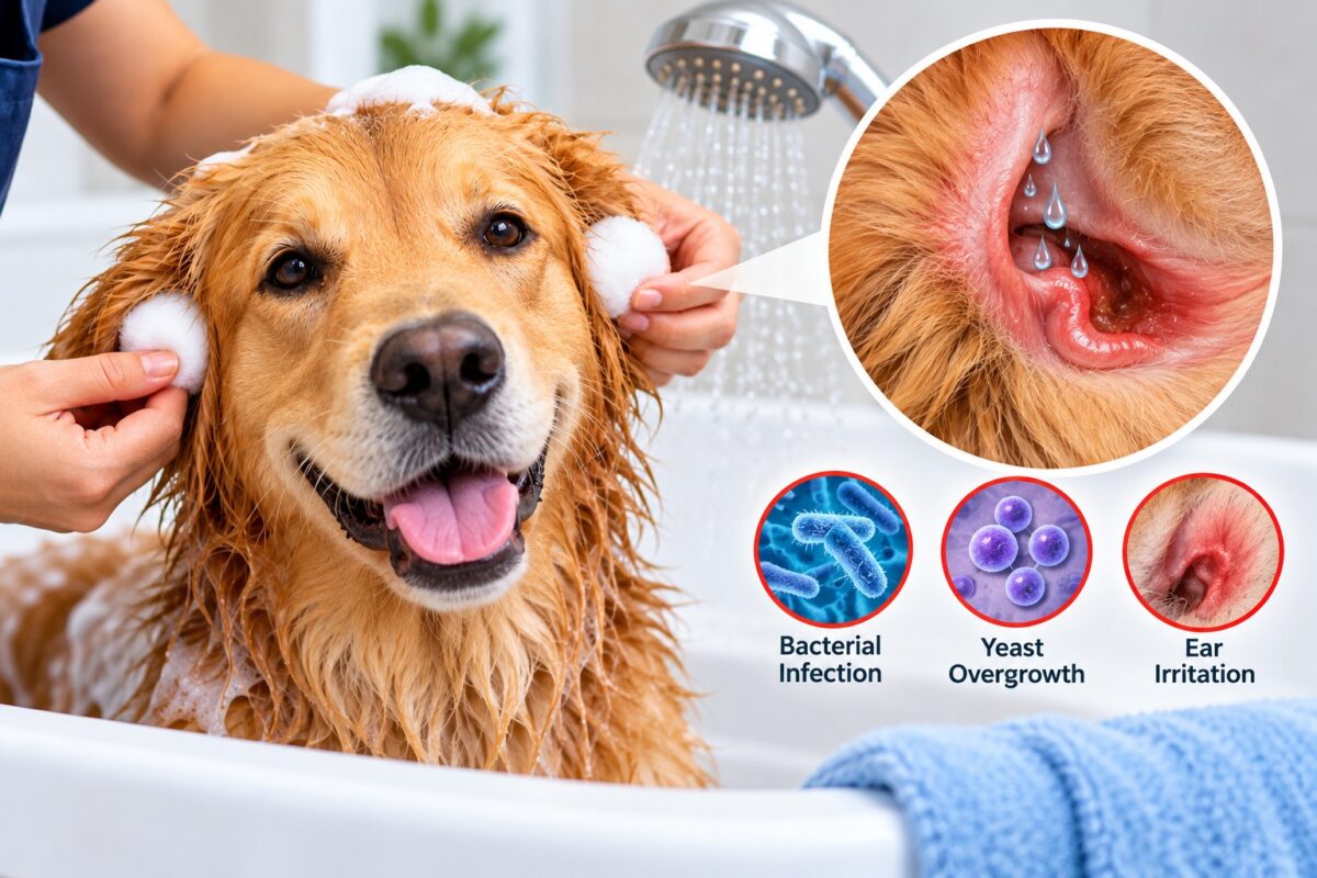 Golden Retriever being bathed with cotton balls protecting its ears, alongside an illustration showing moisture-related ear irritation, bacterial infection, and yeast overgrowth.
