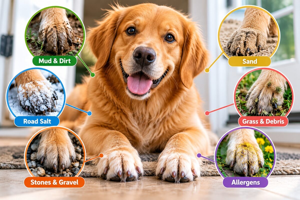 Golden retriever with paw-cleaning hazards including mud, road salt, stones, sand, grass debris, and allergens.
