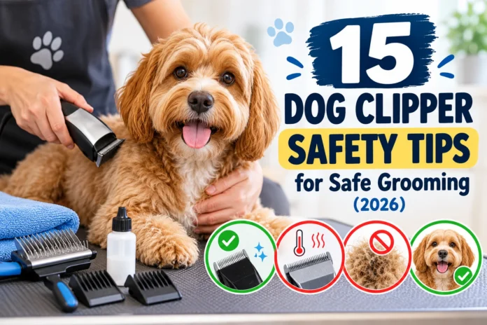 15 dog clipper safety tips for safe grooming in 2026, showing a groomer trimming a small dog with electric clippers and safety reminder icons.