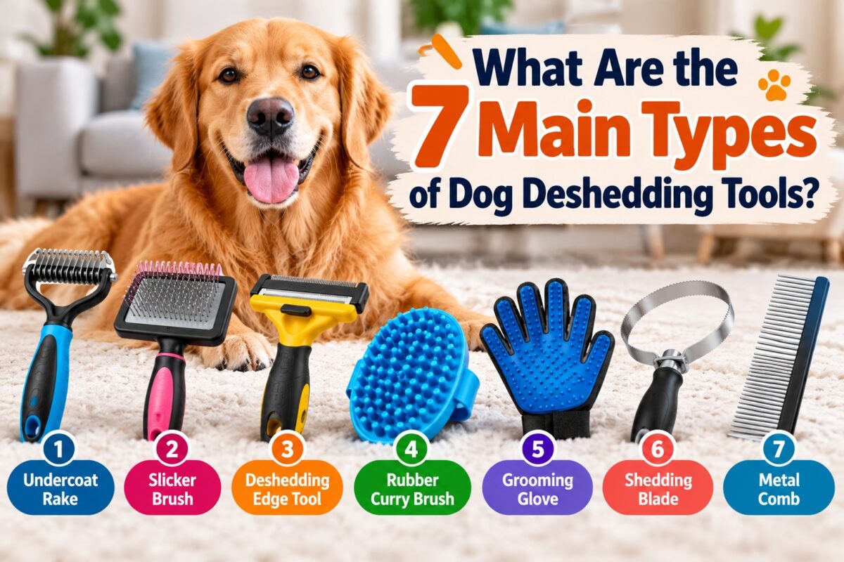 Golden Retriever with seven main types of dog deshedding tools, including undercoat rake, slicker brush, deshedding edge tool, rubber curry brush, grooming glove, shedding blade, and metal comb.