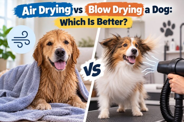 Air drying vs blow drying a dog comparison showing a wet dog towel drying and another dog being blow dried.