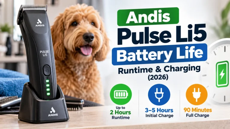 Andis Pulse Li5 battery life and charging infographic showing a cordless dog grooming clipper, charging dock, runtime information, and a dog.