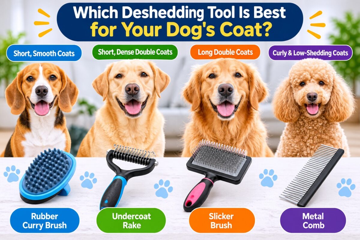 Four dog coat types—short smooth, short dense double, long double, and curly—shown with their recommended deshedding tools, including a rubber curry brush, undercoat rake, slicker brush, and metal comb.