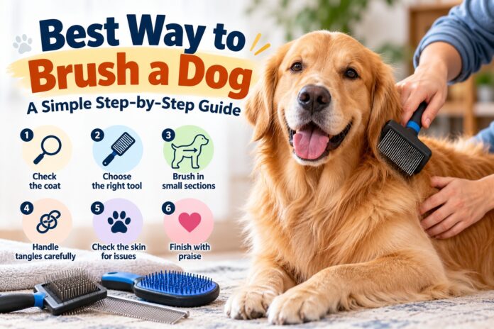 Golden Retriever being gently brushed with a slicker brush, illustrating the best way to brush a dog step by step.