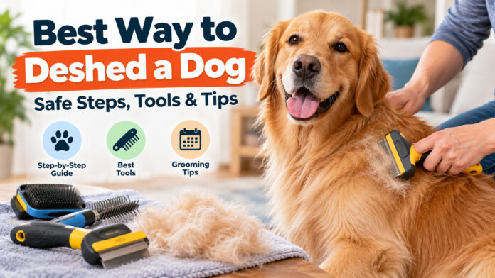 Golden Retriever being gently brushed with a deshedding tool at home, showing safe dog grooming techniques and tools for removing loose fur.