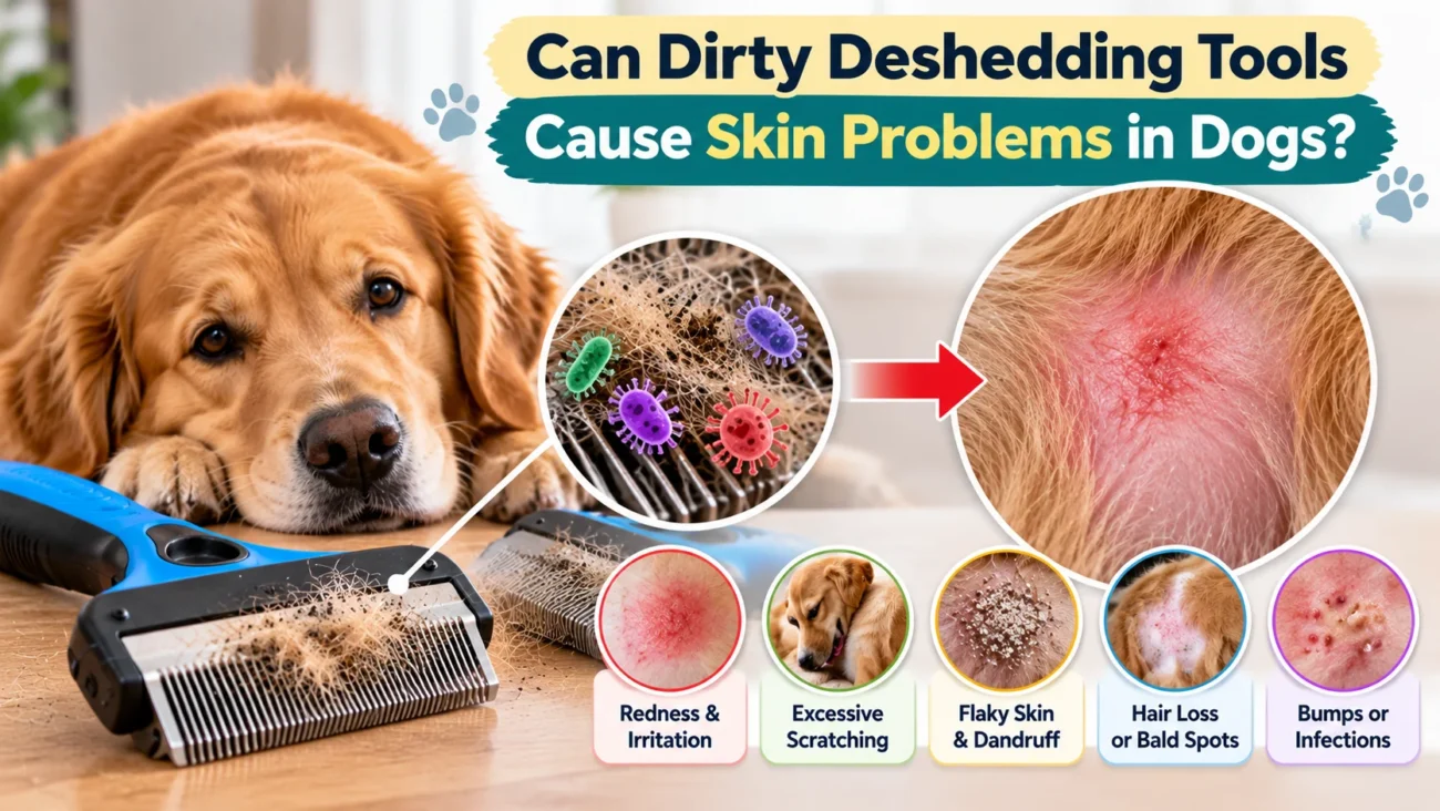 Golden Retriever beside dirty dog deshedding brushes, illustrating possible skin problems including redness, irritation, excessive scratching, dandruff, hair loss, and bumps.